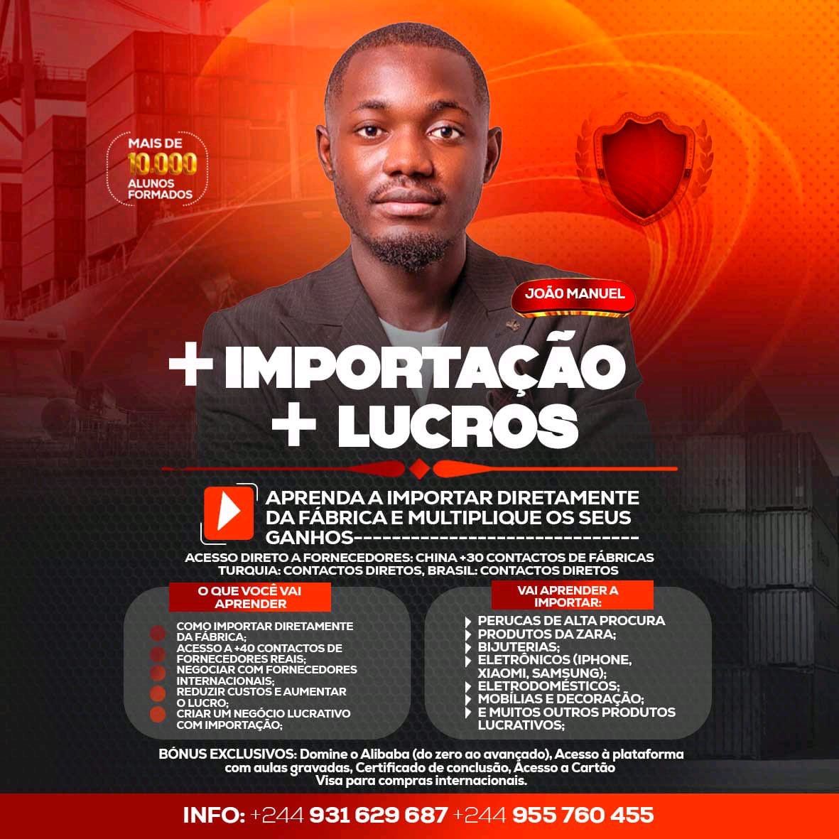 João Manuel — +Importação +Lucros · Mais de 10.000 alunos formados